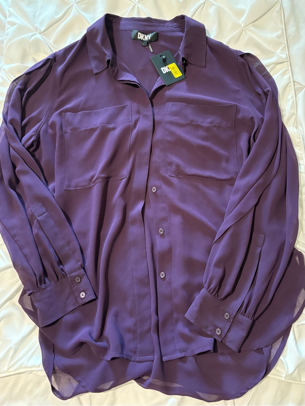 DKNY Women’s Purple Sheer Chiffon Long Sleeve Button-Up Blouse, Size L and NWT
